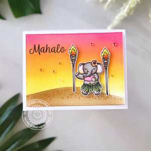 Sunny Studio Hula Elephant with Tiki Torches at Sunset Mahalo Hawaiian Thank You Card (using Tiki Time 4x6 Clear Stamps)