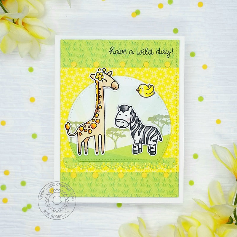 Sunny Studio Stamps Have A Wild Day Yellow & Green Giraffe & Zebra Safari Card using Stitched Semi-circle Metal Cutting Dies
