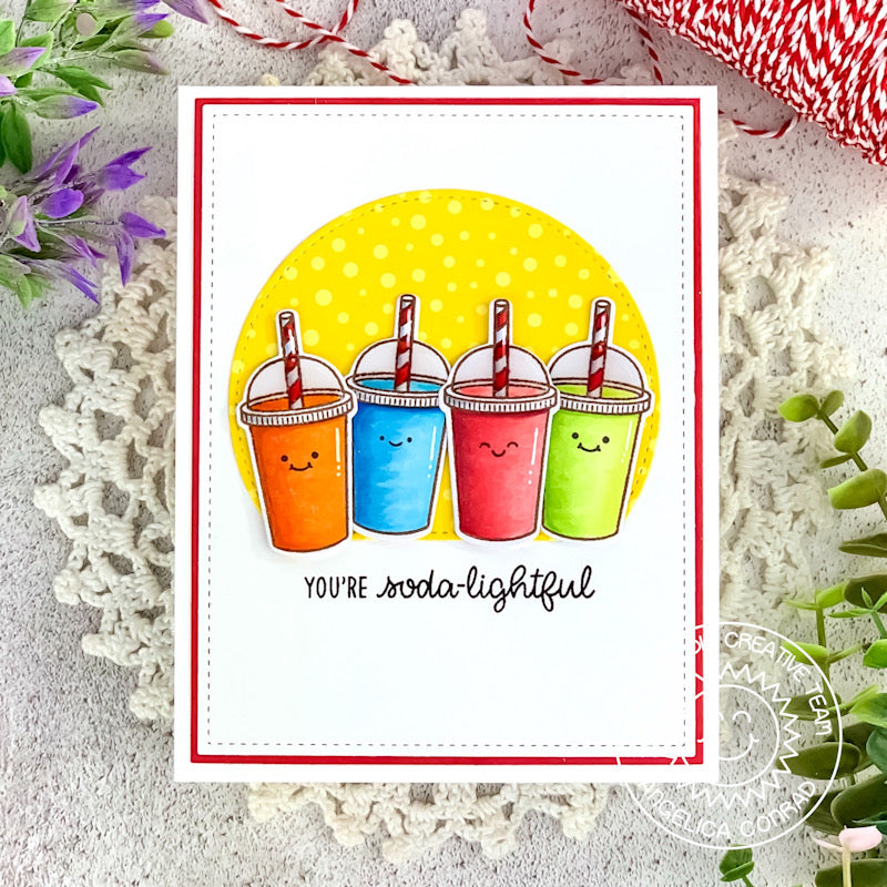 Sunny Studio Stamps You're Soda-lightful Punny Rainbow Drink Cups Handmade Card using Stitched Semi-Circle Metal Cutting Die