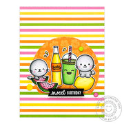 Sunny Studio Striped Soda Pop Bottle, Watermelon & Lemons with Seals Birthday Card using Summer Sweets 4x6 Clear Stamps