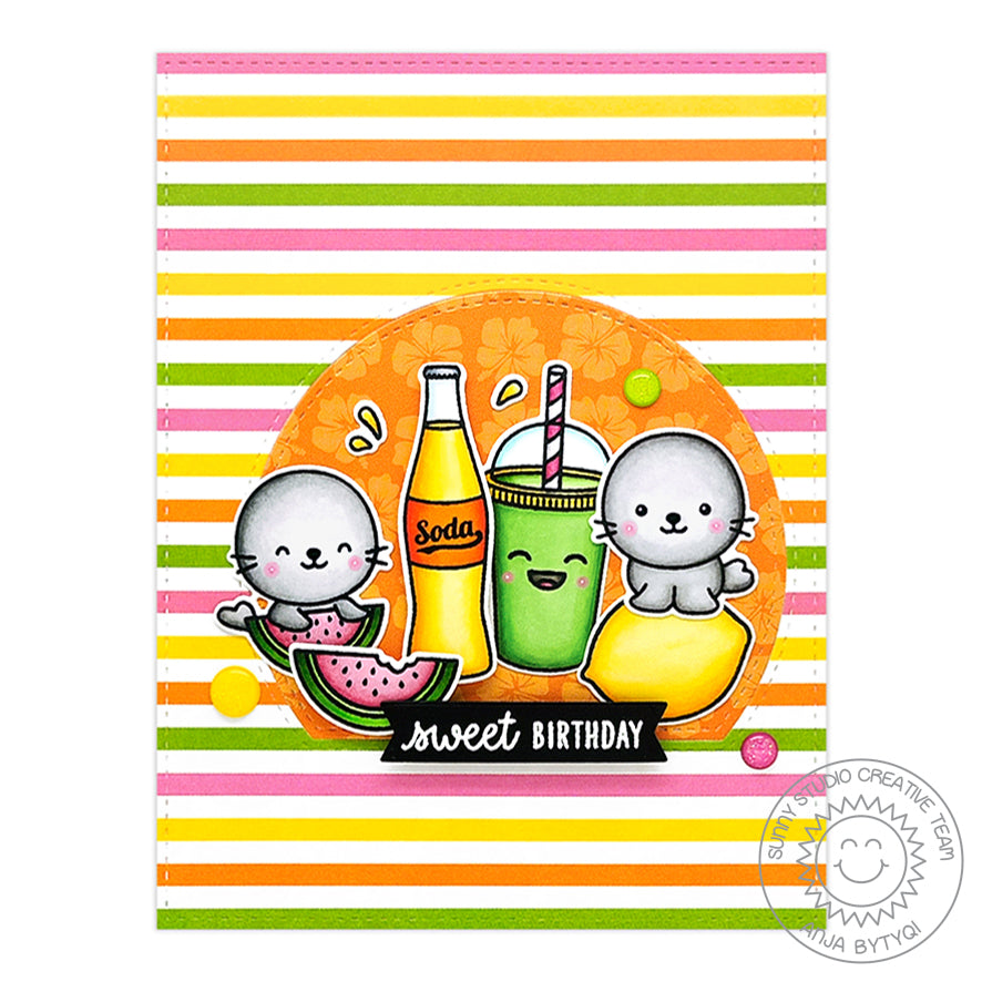 Sunny Studio Striped Sweet Birthday Summer Seals with Lemons, Watermelon & Soda Pop Card using Sealiously Sweet Clear Stamps