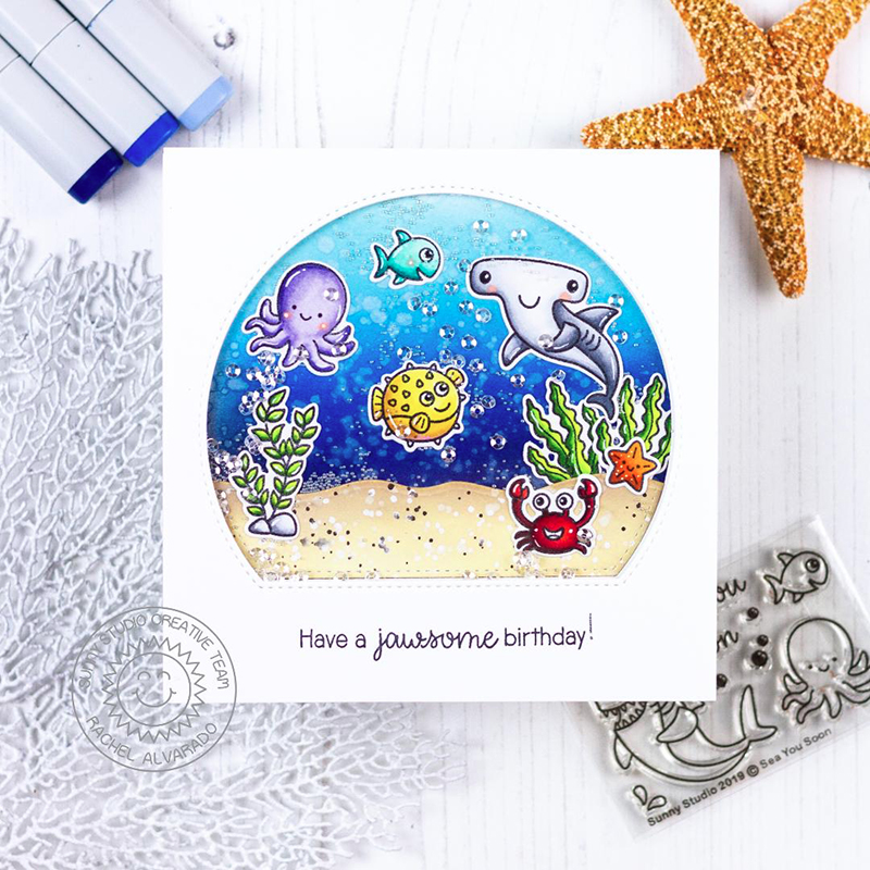 Sunny Studio Stamps Have A Jawsome Birthday Aquarium Window Ocean-Themed Card using Stitched Semi-Circle Metal Cutting Dies