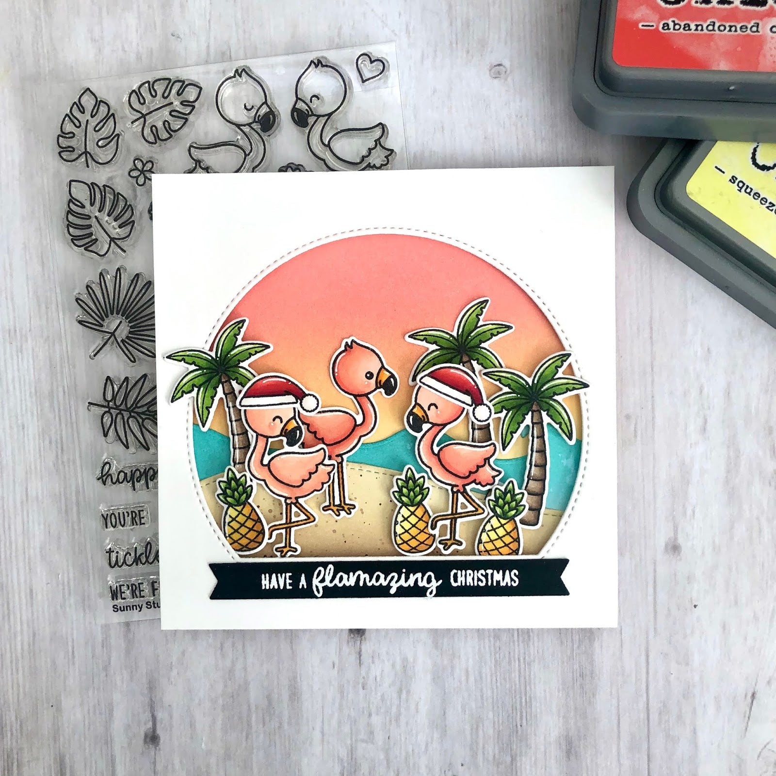 Sunny Studio Have A Flamazing Christmas Punny Flamingo Handmade Holiday Greeting Card using Fabulous Flamingos Clear Stamps