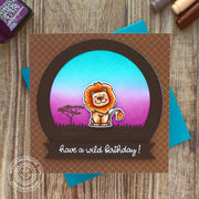 Sunny Studio Have A Wild Birthday Lion with Sunset Background Card using Savanna Safari Animal 4x6 Clear Photopolymer Stamps