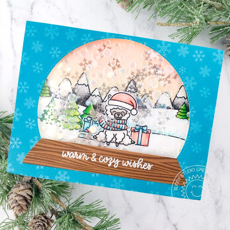 Sunny Studio Warm & Cozy Wishes Llama Snowflake Shaker Snow Globe Card using Alpaca Holiday 4x6 Clear Photopolymer Stamps
