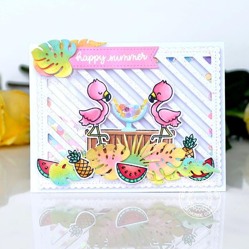 Sunny Studio Stamps Flamingos with Tropical Leaves Shaker Card (using Summer Greenery Metal Cutting Dies)