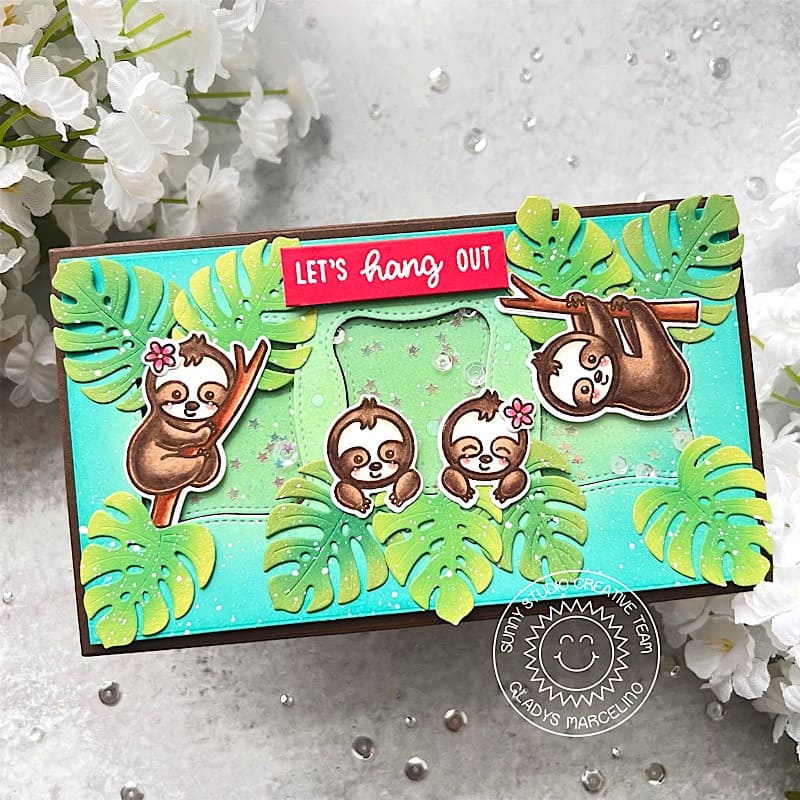 Sunny Studio Stamps Let's Hang Out Punny Sloths with Tropical Leaves Mini Slimline Card (using Wonky Windows Stitched Dies)
