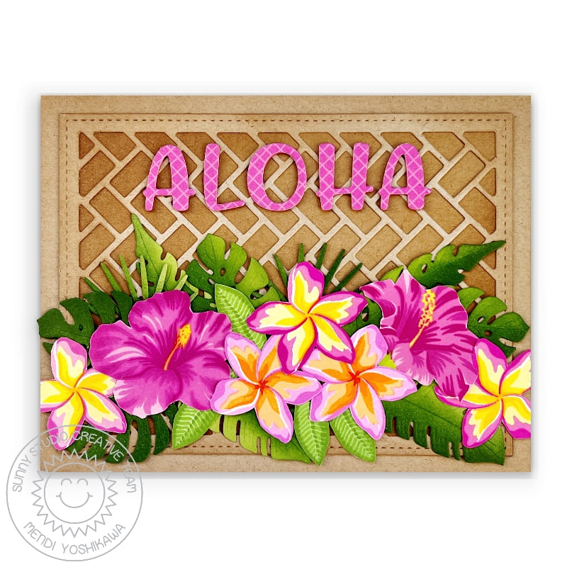 Sunny Studio Plumeria & Hibiscus Flowers with Tropical Leaves Aloha Card (using Hawaiian Hibiscus Clear Layering Stamps)