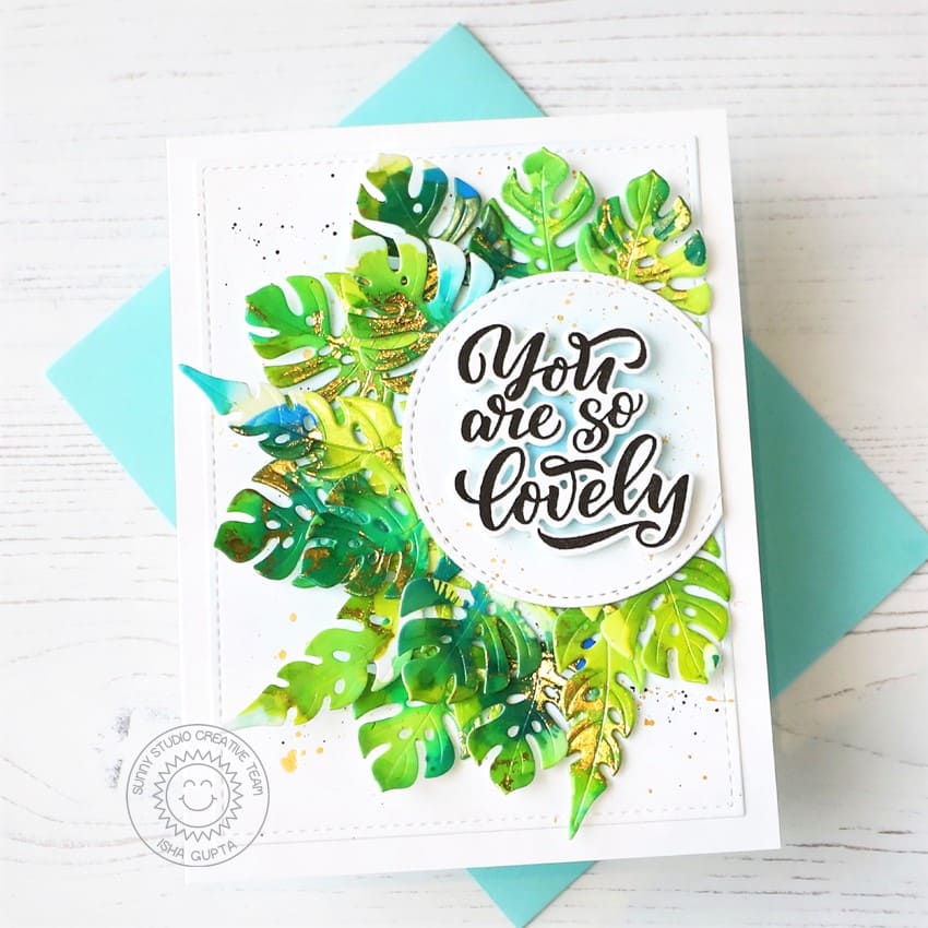 Sunny Studio Stamps You're So Lovely Summer Jungle Leaves with Gold Leafing Card (using Summer Greenery Cutting Dies)