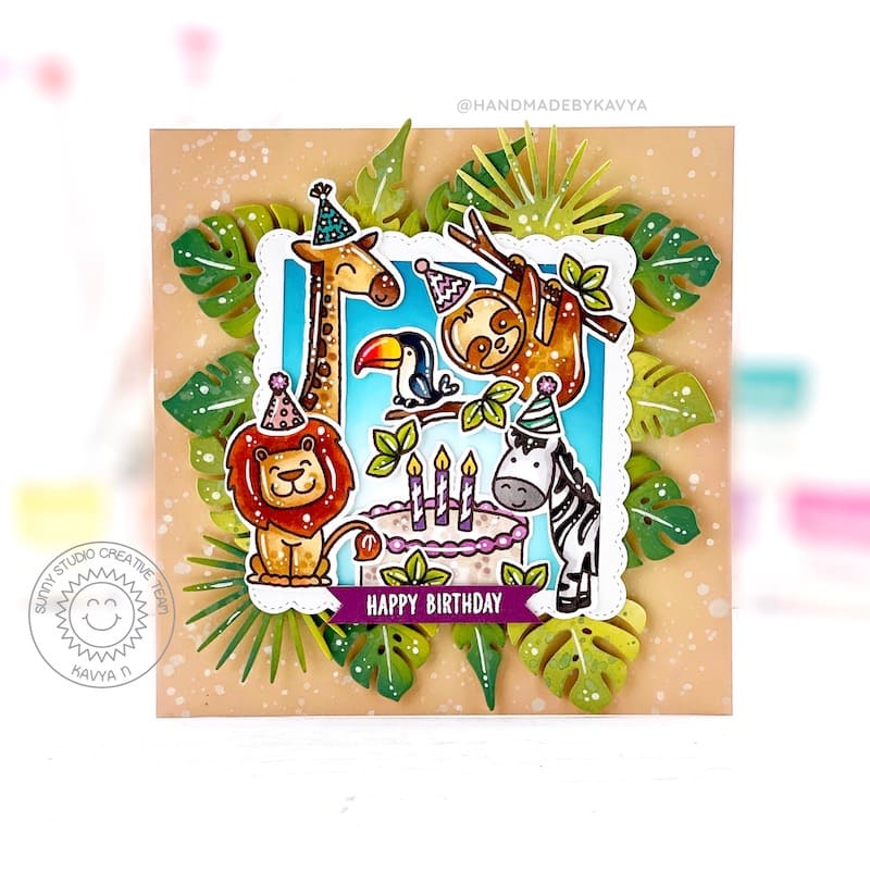 Sunny Studio Lion, Giraffe, Zebra & Sloth Birthday Card with Jungle Leaves (using Savanna Safari Clear Stamps)
