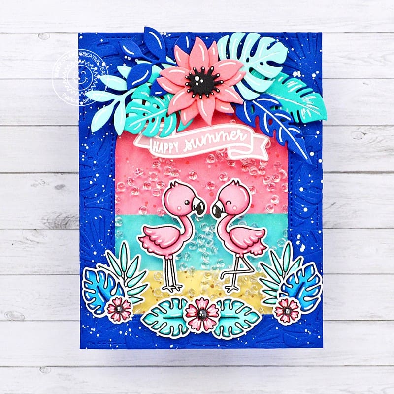 Sunny Studio Coral, Aqua & Blue Tropical Flowers & Leaves Summer Shaker Card using Fabulous Flamingos 4x6 Clear Stamps