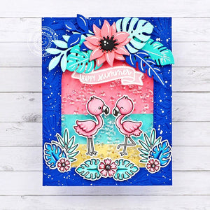 Sunny Studio Coral, Aqua & Blue Tropical Flowers & Leaves Summer Shaker Card using Fabulous Flamingos 4x6 Clear Stamps