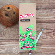 Sunny Studio Stamps Flamingos with Watermelon & Tropical Leaves Slimline Card (using Summer Greenery Cutting Dies)