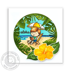 Sunny Studio Boy in Beach Lounge Chair with Tropical Leaves & Hibiscus Frame Aloha Card (using Ocean View 4x6 Clear Stamps)