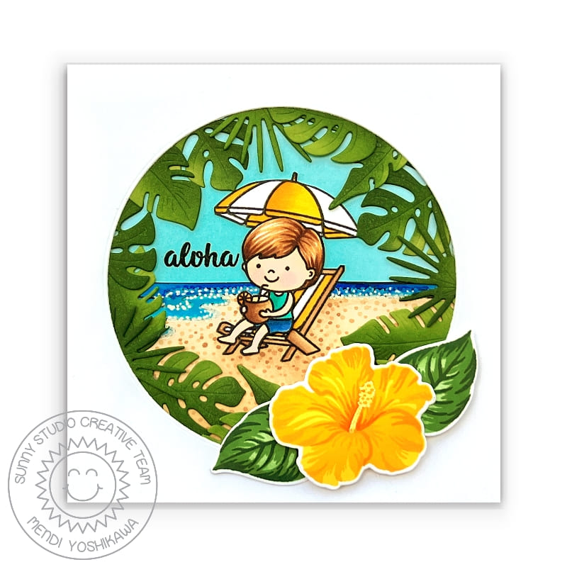 Sunny Studio Aloha Boy in Beach Lounge Chair with Tropical Leaves Frame Card (using Hawaiian Hibiscus Clear Layering Stamps)