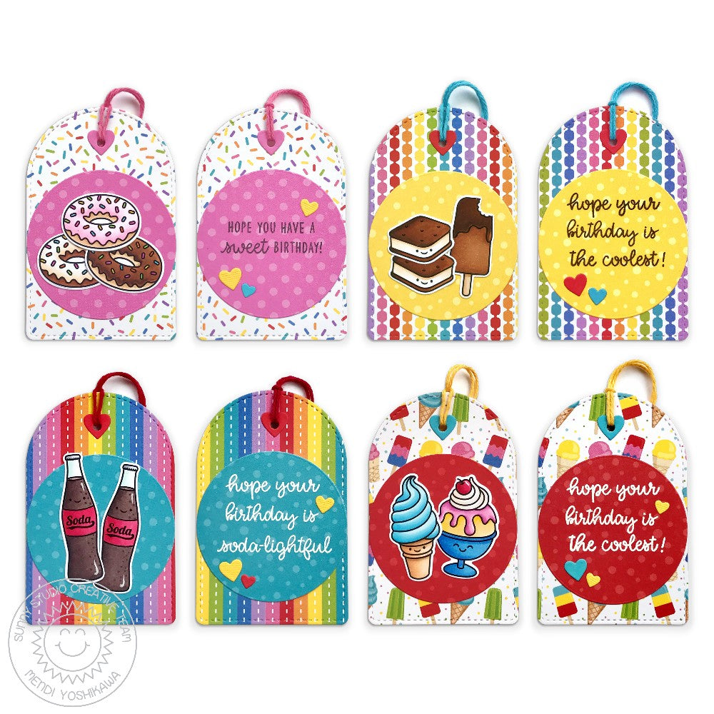 Sunny Studio Stamps Donut, Ice Cream Cone, Sundae & Popsicles Birthday Gift Tags using Stitched Arch Metal Cutting Dies
