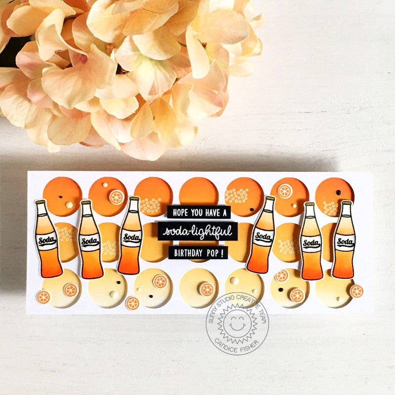 Sunny Studio Have a soda-lightful Birthday Orange Soda Pop Bottle Slimline Card using Summer Sweets Clear Photopolymer Stamps