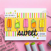 Sunny Studio Pink, Orange, Green & Yellow Striped Popsicle Birthday Card using Summer Sweets 4x6 Clear Photopolymer Stamps