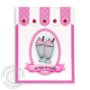 Sunny Studio Stamps You Make Me Melt Ice Cream Soda Milkshake Pink & White Stitched Scalloped Soda Fountain Handmade Card (using Fancy Frames Oval Metal Cutting Dies)