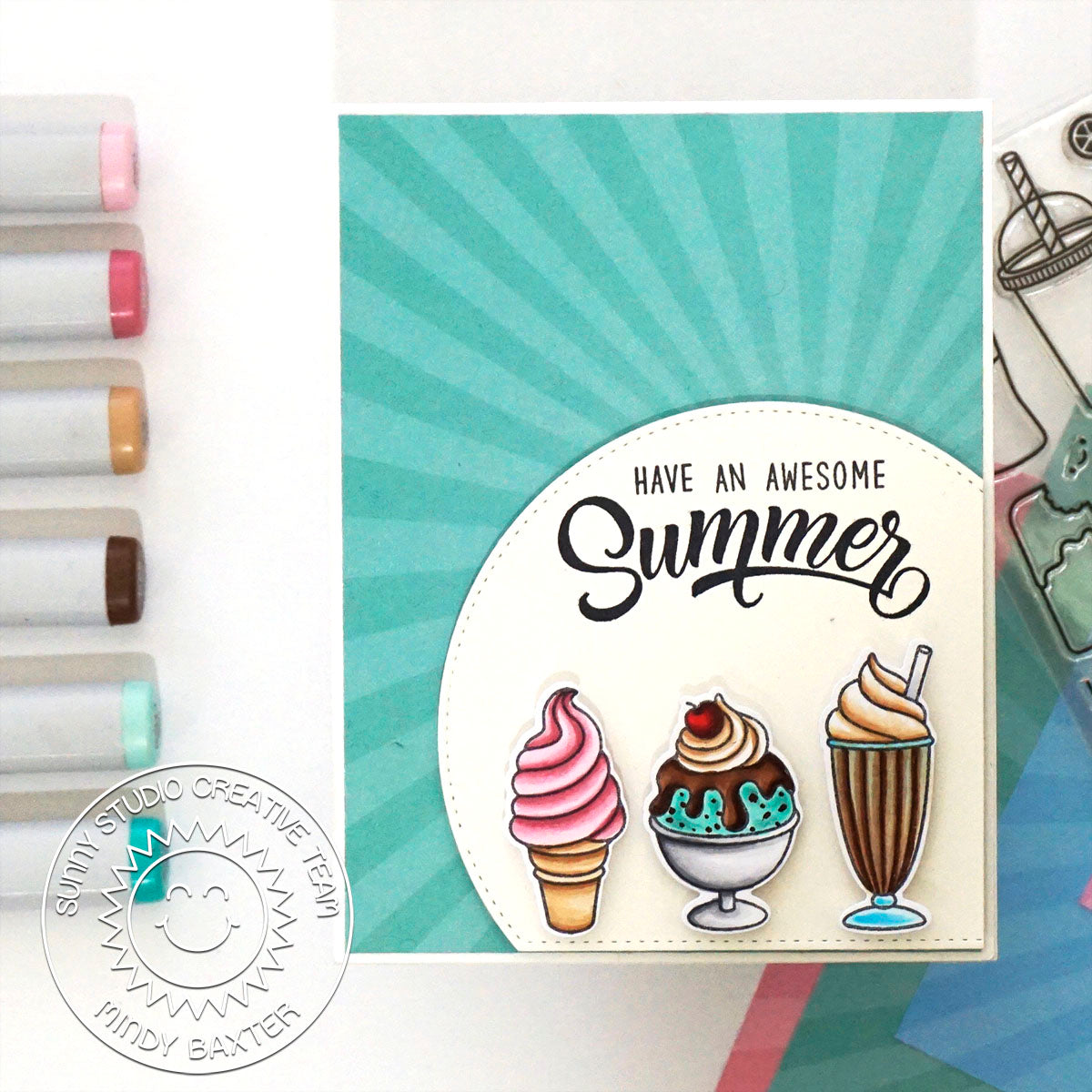 Sunny Studio Stamps Summer Sweets Ice Cream Cone, Sundae and Milkshake Aqua Sun Ray Print  Handmade Summer Sunburst Card (using Summer Sunburst 6x6 Patterned Paper Pack)