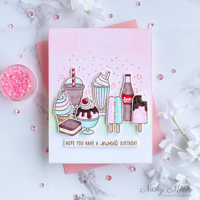 Sunny Studio Ice Cream Cone, Soda Pop, Popsicle, & Milkshake Pink, Aqua & Brown Birthday Card using Summer Sweets Clear Stamp