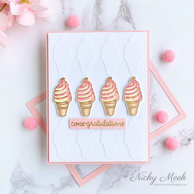 Sunny Studio "Cone-gratulations" Punny Ice Cream Cone Gold Embossed Card using Summer Sweets 4x6 Clear Photopolymer Stamps