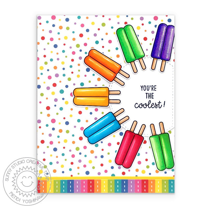Sunny Studio You're The Coolest Rainbow Polka-dot & Striped Popsicle Card using Summer Sweets 4x6 Clear Photopolymer Stamps