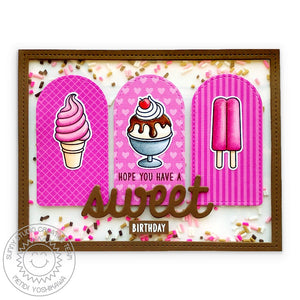 Sunny Studio Stamps Pink & Brown Ice Cream Cone, Sundae & Popsicle Summer Shaker Card using Stitched Arch Metal Cutting Dies