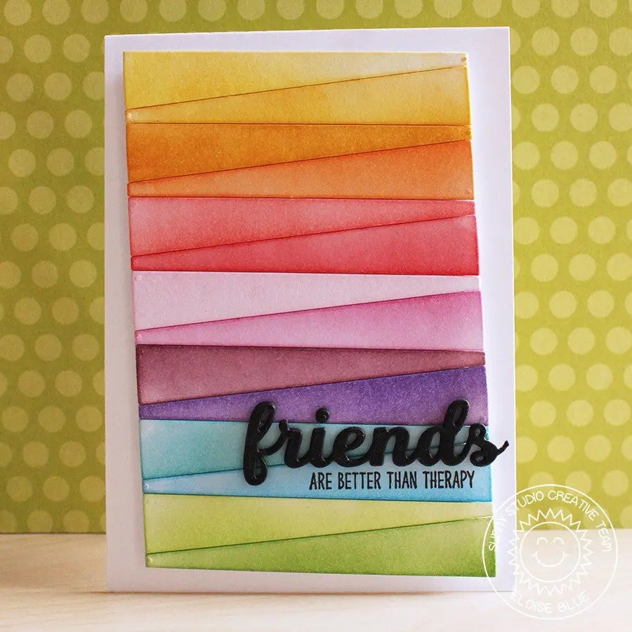 Sunny Studio Stamps Friends Are Better Than Therapy Rainbow Strips Card using Sun Ray Metal Cutting Dies
