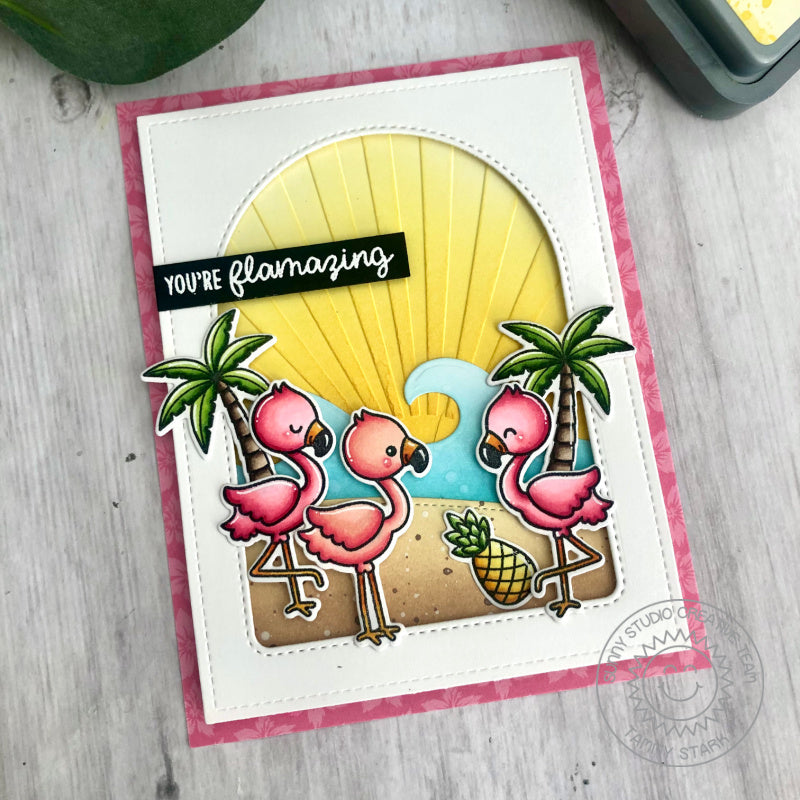 Sunny Studio Stamps You're Flamazing Flamingo Summer Beach Embossed Card (using Sunburst 6x6 Embossing Folder)