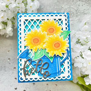 Sunny Studio Sunflower Yellow & Blue Scalloped Lattice Hello Card (using Watering Can Layering 4x6 Clear Stamps)