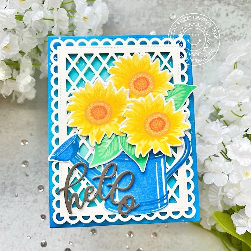 Sunny Studio Flowers in Blue Watering Can Scalloped Lattice Hello Card (using Sunflower Fields Layering 4x6 Clear Stamps)
