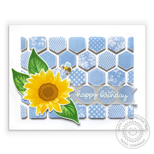 Sunny Studio Stamps Sunflower Fields Quilted Patchwork Quilt Style Card (using Frilly Frames Hexagon Metal Cutting Dies)