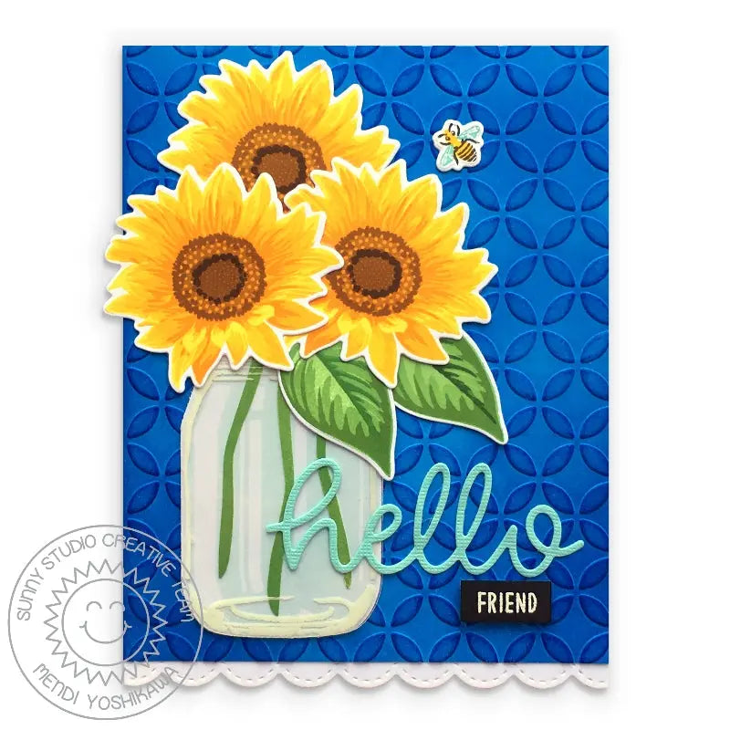 Sunny Studio Sunflower Fields Hello Friend Layered Flowers in Vase Card (using Vintage Jar Stamps)