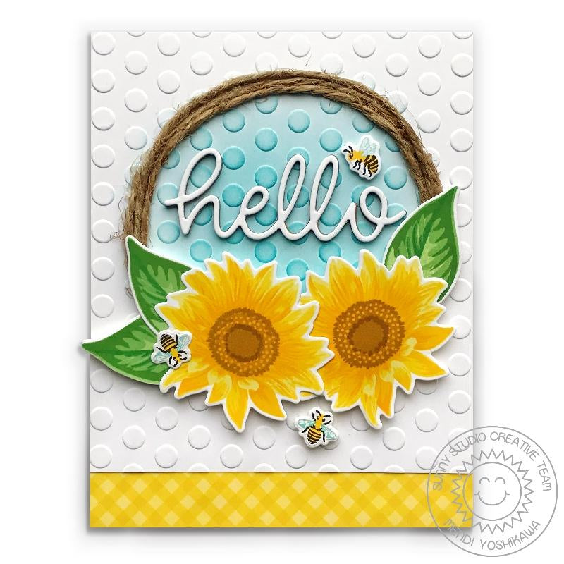Sunny Studio Stamps Sunflower Fields Jute Wreath Hello Card by Mendi Yoshikawa