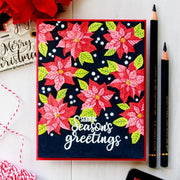 Sunny Studio Stamps Festive Greetings Christmas Card featuring stamped poinsettia background & Season's Greetings sentiment.