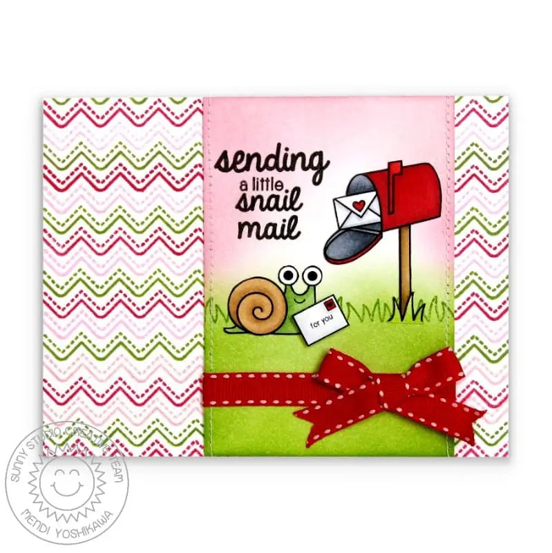 Sunny Studio Sending A Little Snail Mail Letter with Mailbox Chevron Valentine's Day Card using Backyard Bugs Clear Stamps