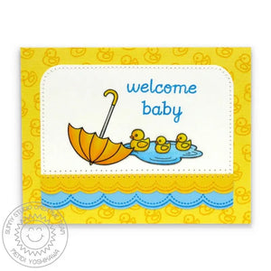 Sunny Studio Stamps Sweet Script Rubber Ducks Floating In Puddle with Yellow Umbrella Scalloped Welcome Baby Card