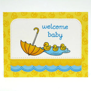 Sunny Studio Stamps Rubber Ducky & Umbrella Baby Shower Card with Stamped Scallop Border using Sunny Borders Cutting Dies