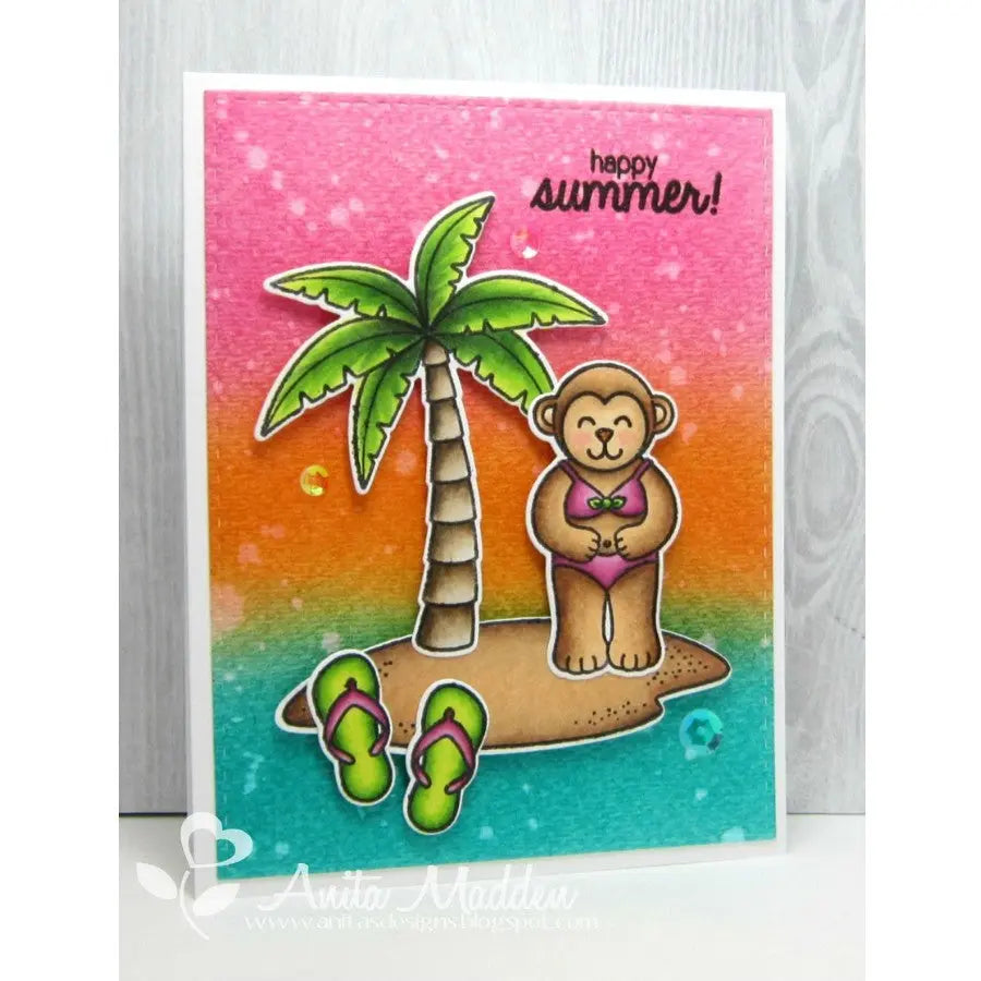 Sunny Studio Stamps Island Getaway Happy Summer Monkey in Bikini with Palm Tree & Flip Flops Card