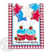 Sunny Studio Red, White & Blue Gingham Star Balloon & Strawberry Cupcakes 4th of July Card using Bold Balloons Clear Layering Stamps