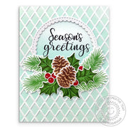 "Season's Greetings" Holly, Berries, and Pinecones Holiday Christmas card with an Aqua Diamond-Embossed background.