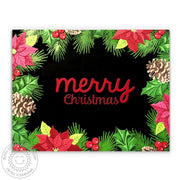 Vibrant Holly, Poinsettia & Pinecone Holiday Garland Frame Christmas Card set against a black background.