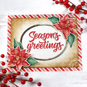 Candy-cane-striped, gingerbread-inspired poinsettia handmade holiday Christmas card using a no-line coloring technique.