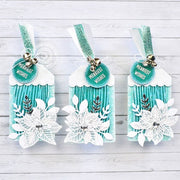 Handmade aqua scalloped woodgrain Christmas holiday gift tags set with stamped and heat-embossed poinsettias on vellum.
