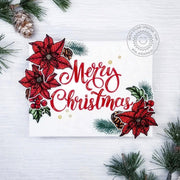 Red and White Poinsettia, Holly and Pinecones Handmade Holiday Card Sample with large "Merry Christmas" script greeting.
