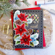 Christmas Holiday Shaker Card with stamped poinsettias, holly, pinecones, and berries and grey diamond die-cut background.