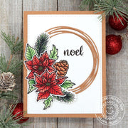 Rustic Poinsettia flowers, Holly & Pinecones Holiday "Noel" Christmas Card with Loopy Circular Kraft Frame.