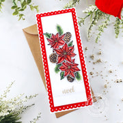 Poinsettias & Pinecones Arrangle Red Scalloped Slimline Holiday Christmas Card Sample by Mayra.
