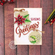 Season's Greetings Rustic Poinsettia & Holly Holiday Christmas Card using scalloped kraft tags & colored pencil coloring.